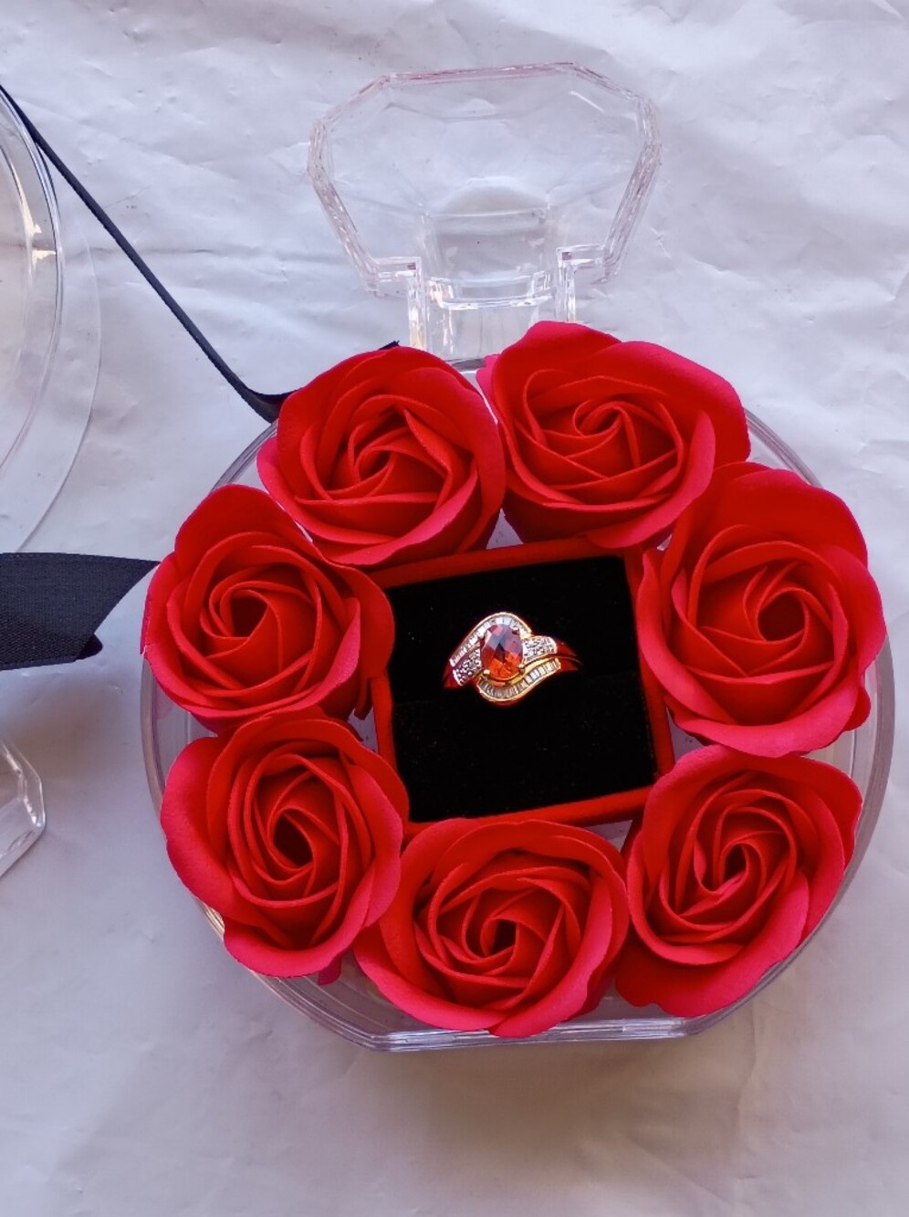 Clear Acrylic Bottle Shaped Presentation Ring Box with 7 Roses with Ring Holder